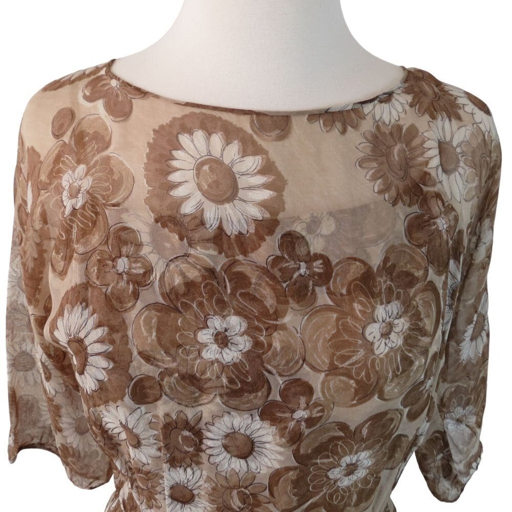 Vintage 1960s Women's Brown Daisy Floral Chiffon Fit & Flare Dress - Picture 4 of 11